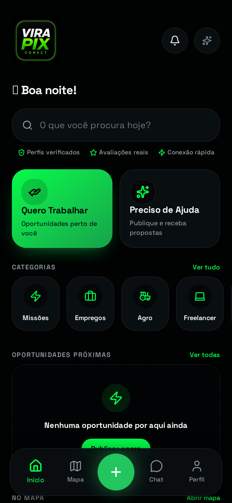 Tela inicial do aplicativo Vira Pix Connect exibindo categorias de trabalho e oportunidades próximas